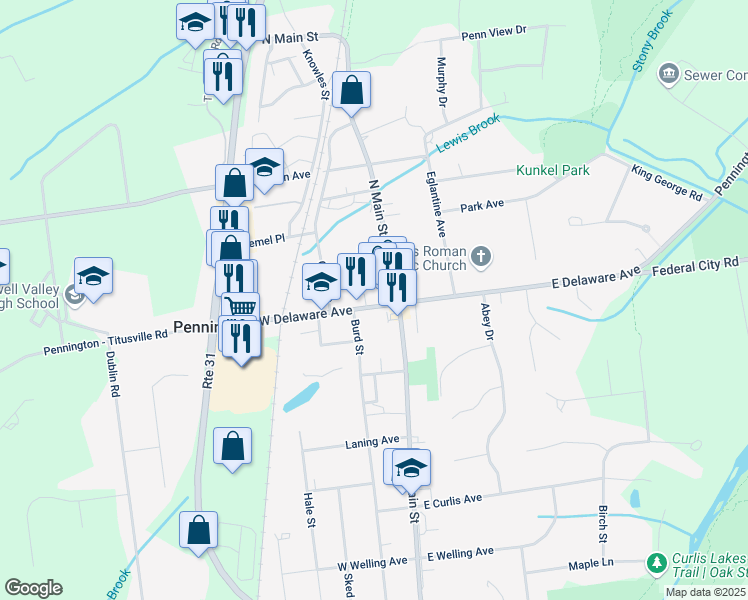 map of restaurants, bars, coffee shops, grocery stores, and more near 16 South Main Street in Pennington