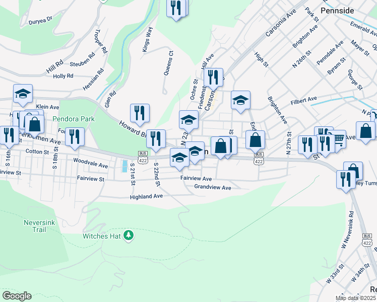 map of restaurants, bars, coffee shops, grocery stores, and more near in Mount Penn