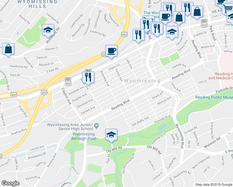map of restaurants, bars, coffee shops, grocery stores, and more near 1431 Garfield Avenue in Reading