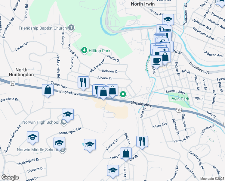 map of restaurants, bars, coffee shops, grocery stores, and more near 10531 Center Highway in Irwin