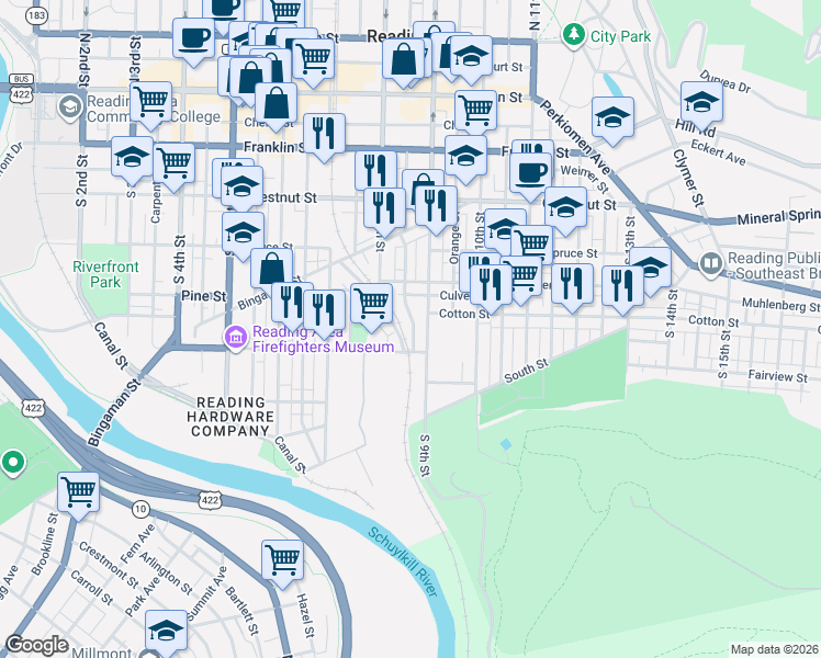 map of restaurants, bars, coffee shops, grocery stores, and more near 544 South 9th Street in Reading