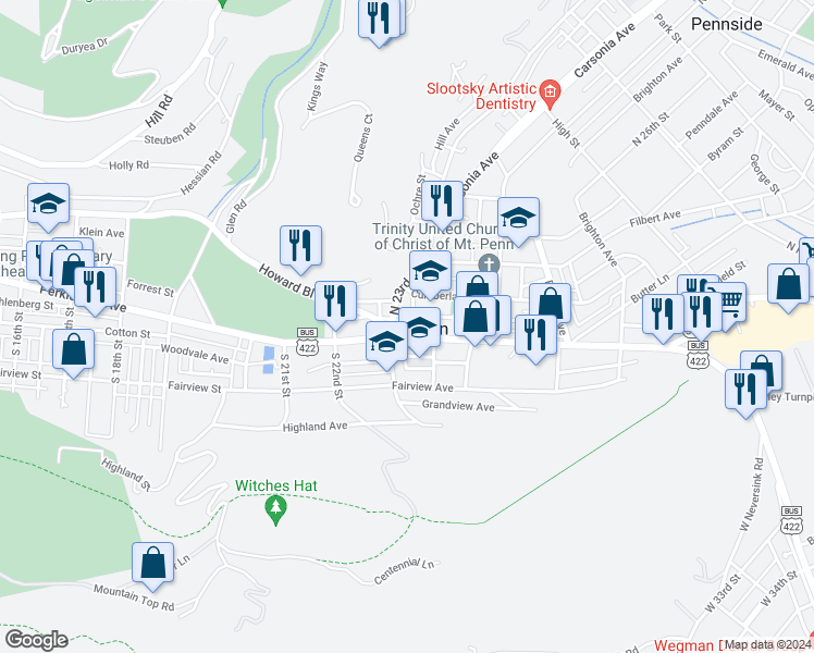map of restaurants, bars, coffee shops, grocery stores, and more near 2311 Perkiomen Avenue in Mount Penn