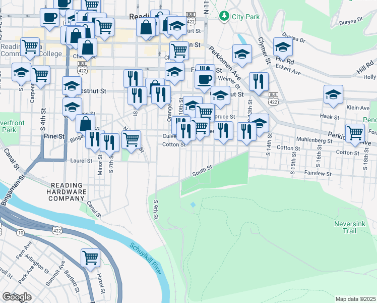 map of restaurants, bars, coffee shops, grocery stores, and more near 543 South 10th Street in Reading