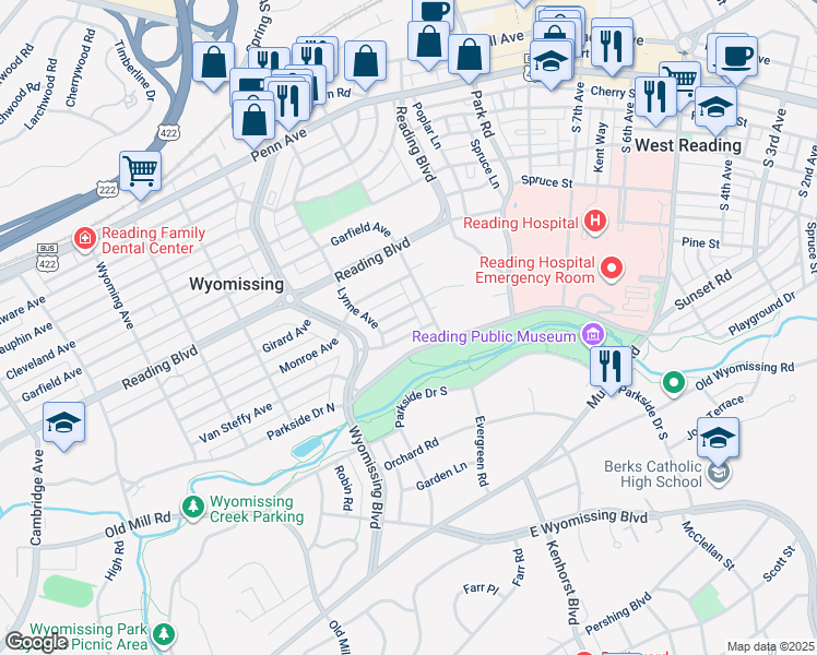 map of restaurants, bars, coffee shops, grocery stores, and more near 1117 Lafayette Avenue in Wyomissing