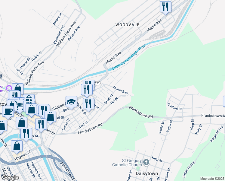 map of restaurants, bars, coffee shops, grocery stores, and more near 1036 Steel Street in Johnstown