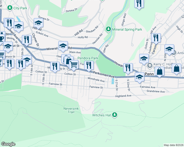 map of restaurants, bars, coffee shops, grocery stores, and more near 1904 Perkiomen Avenue in Reading