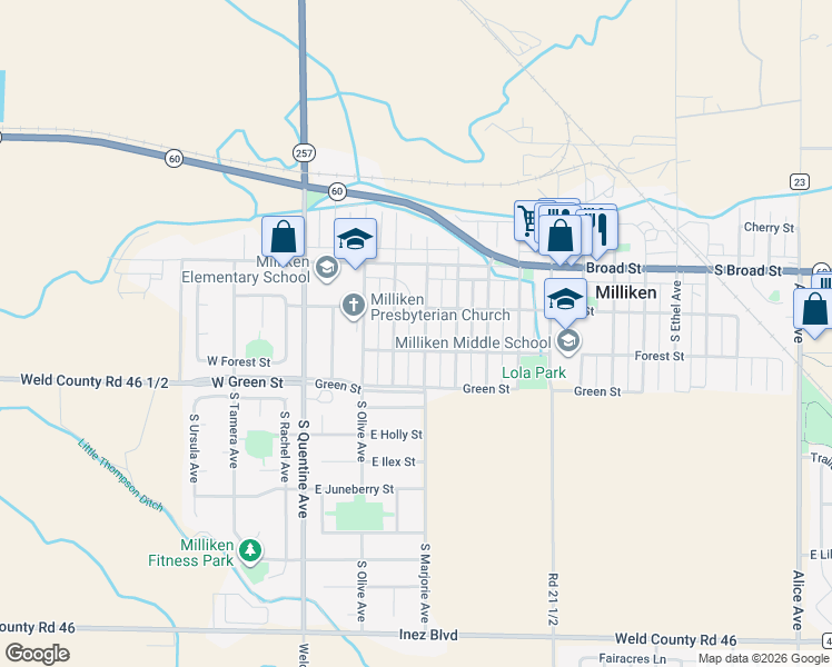 map of restaurants, bars, coffee shops, grocery stores, and more near 420 Forest Street in Milliken
