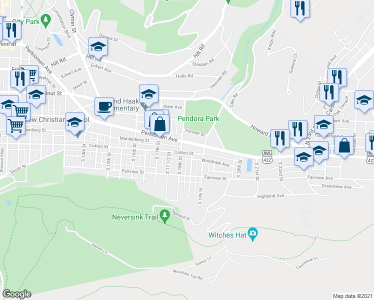 map of restaurants, bars, coffee shops, grocery stores, and more near 1817 Cotton Street in Reading