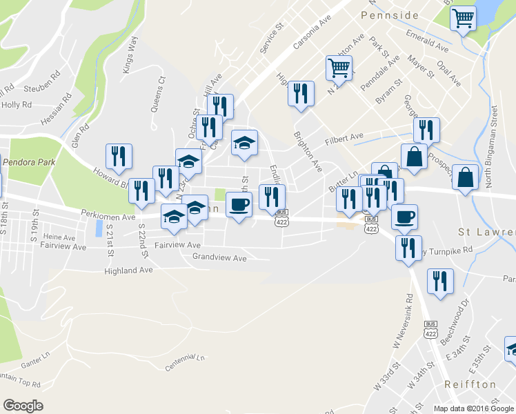 map of restaurants, bars, coffee shops, grocery stores, and more near 2522 Grant Street in Mount Penn