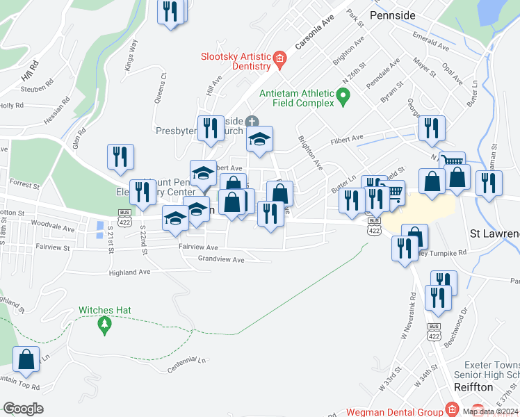 map of restaurants, bars, coffee shops, grocery stores, and more near 2522 Grant Street in Mount Penn