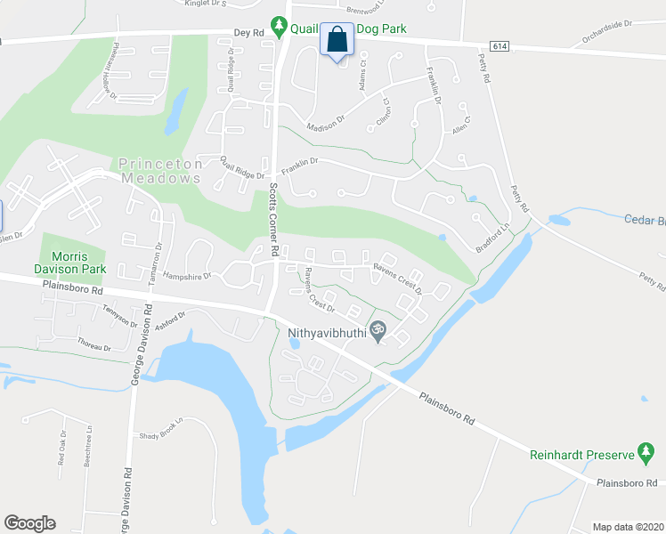 map of restaurants, bars, coffee shops, grocery stores, and more near 2714 Ravens Crest Drive in Plainsboro Township