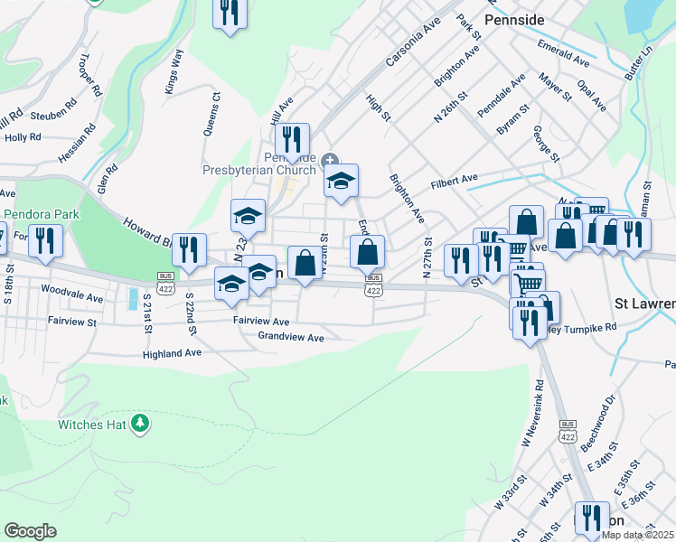 map of restaurants, bars, coffee shops, grocery stores, and more near 2518 Grant Street in Mount Penn