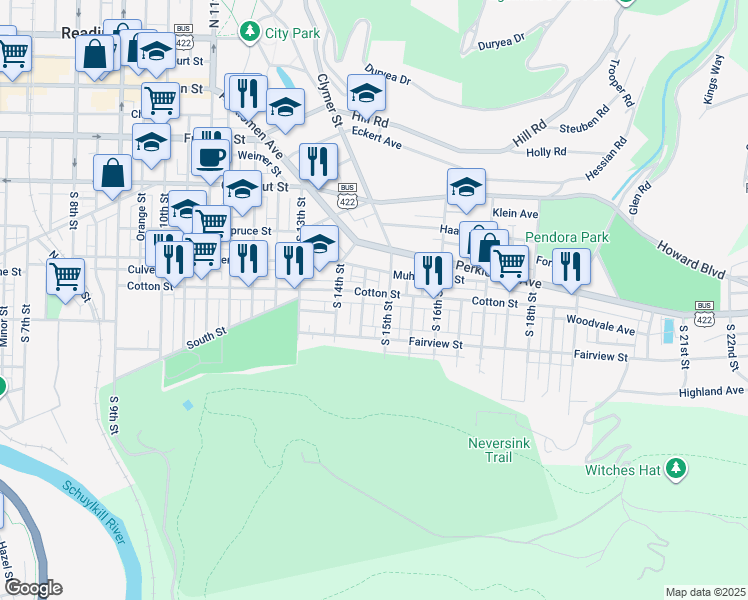 map of restaurants, bars, coffee shops, grocery stores, and more near 542 South 15th Street in Reading