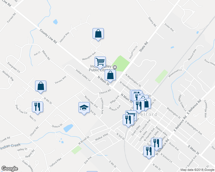 map of restaurants, bars, coffee shops, grocery stores, and more near 408 North Main Street in Telford