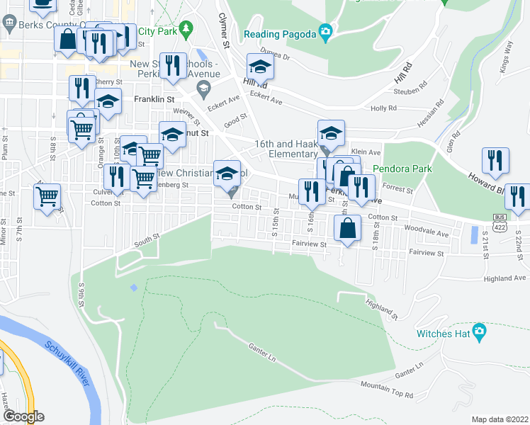 map of restaurants, bars, coffee shops, grocery stores, and more near 1448 Cotton Street in Reading