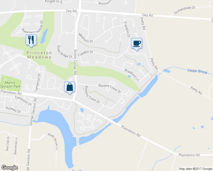 map of restaurants, bars, coffee shops, grocery stores, and more near 3712 Ravens Crest Drive in Plainsboro Township