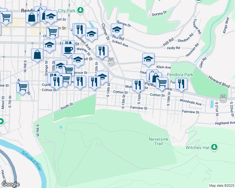 map of restaurants, bars, coffee shops, grocery stores, and more near 1440 Cotton Street in Reading
