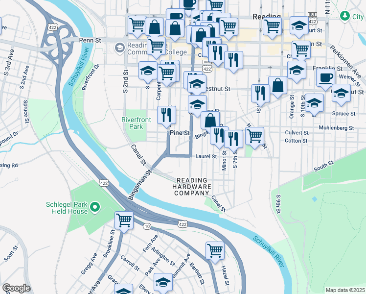 map of restaurants, bars, coffee shops, grocery stores, and more near 438 Pine Street in Reading