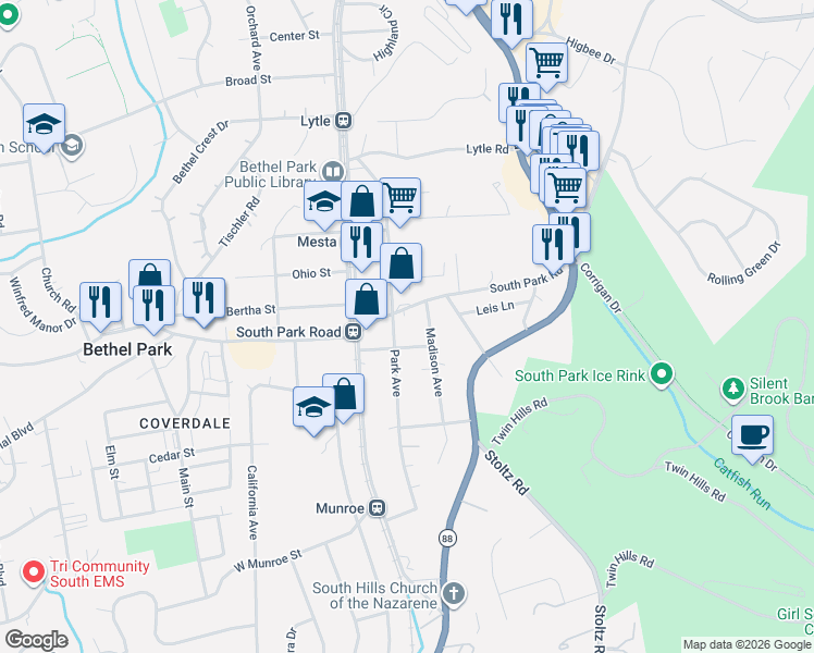 map of restaurants, bars, coffee shops, grocery stores, and more near 2600 South Park Road in Bethel Park