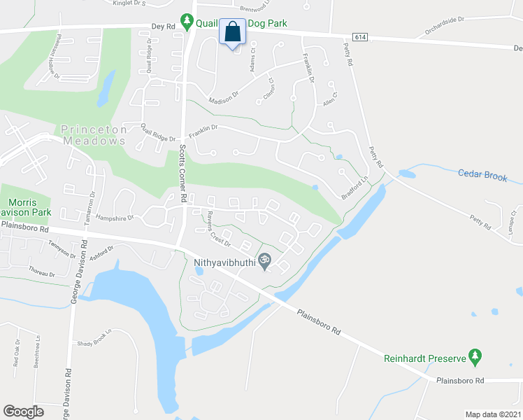 map of restaurants, bars, coffee shops, grocery stores, and more near 3806 Ravens Crest Drive in Plainsboro Township