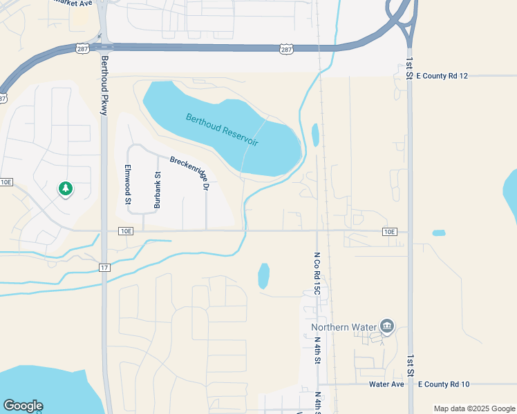 map of restaurants, bars, coffee shops, grocery stores, and more near Breckenridge Drive in Berthoud