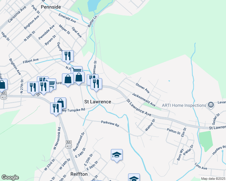 map of restaurants, bars, coffee shops, grocery stores, and more near 3241 Saint Lawrence Avenue in Reading