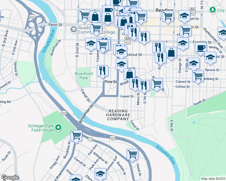 map of restaurants, bars, coffee shops, grocery stores, and more near 438 Bingaman Street in Reading