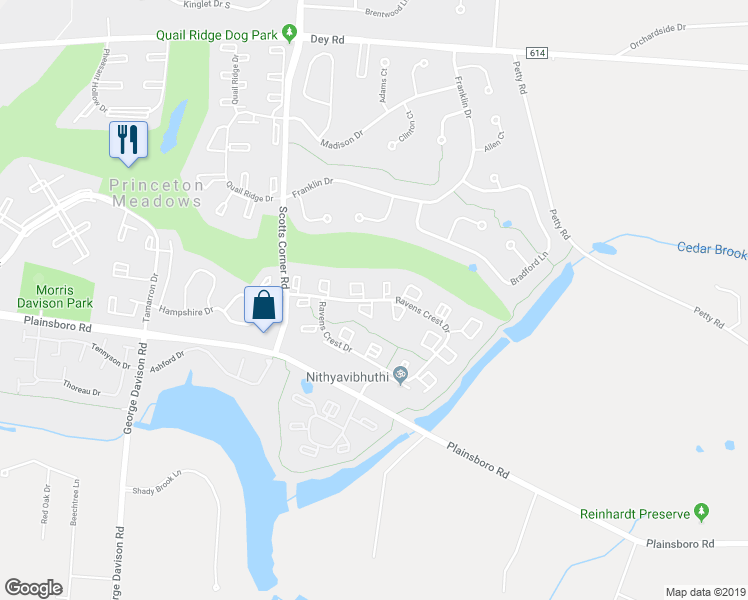 map of restaurants, bars, coffee shops, grocery stores, and more near 2813 Ravens Crest Drive in Plainsboro Township
