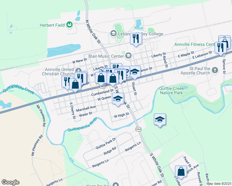 map of restaurants, bars, coffee shops, grocery stores, and more near 49 South White Oak Street in Annville