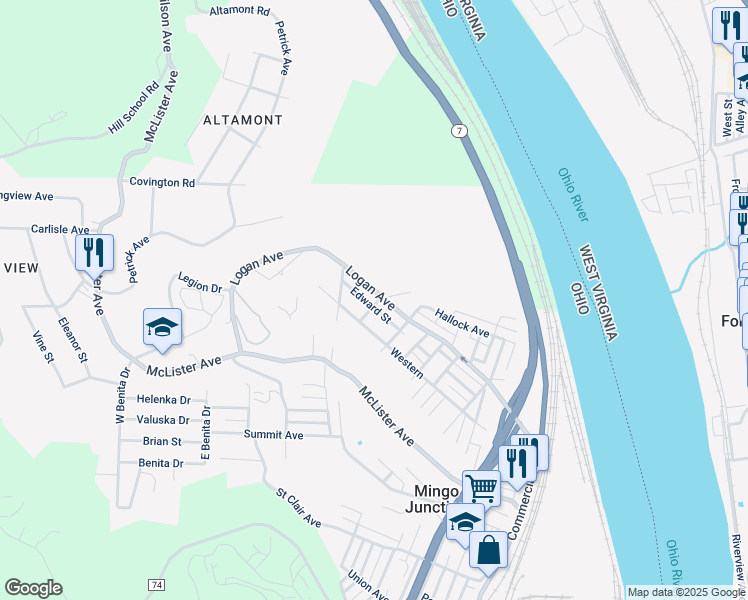 map of restaurants, bars, coffee shops, grocery stores, and more near 721 Logan Avenue in Mingo Junction