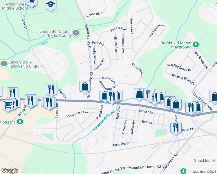 map of restaurants, bars, coffee shops, grocery stores, and more near 4425 Hill Terrace Drive in Sinking Spring
