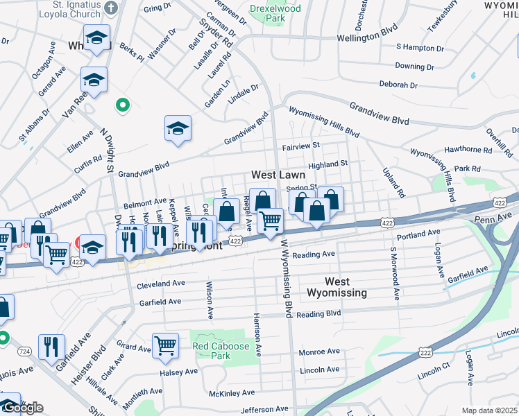 map of restaurants, bars, coffee shops, grocery stores, and more near 2335 Spring Street in West Lawn