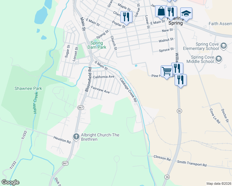 map of restaurants, bars, coffee shops, grocery stores, and more near 900-946 Beech Street in Roaring Spring