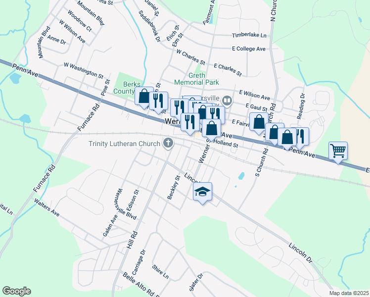 map of restaurants, bars, coffee shops, grocery stores, and more near 104 Beckley Street in Wernersville