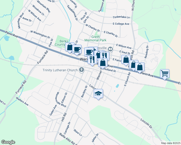 map of restaurants, bars, coffee shops, grocery stores, and more near 104 Beckley Street in Wernersville