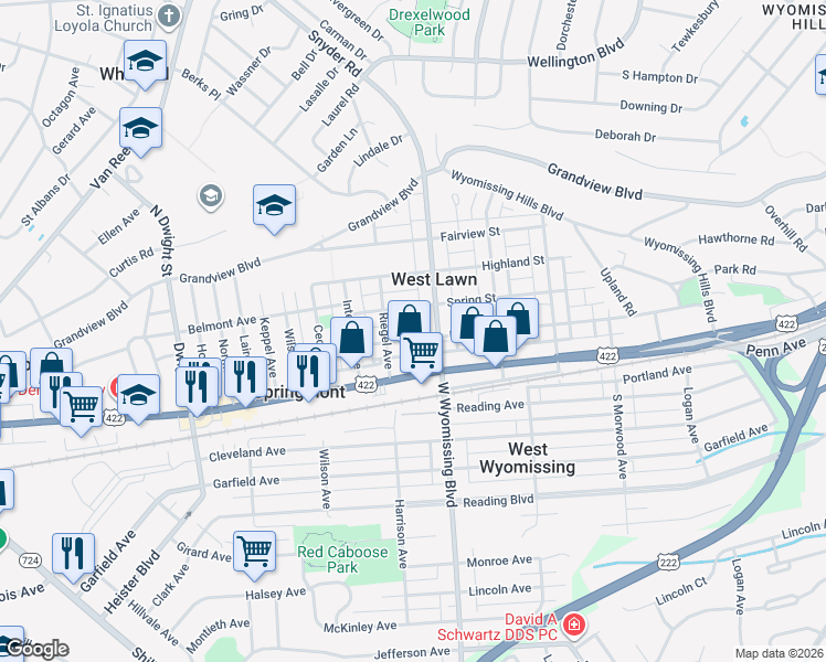 map of restaurants, bars, coffee shops, grocery stores, and more near 2300 Spring Street in West Lawn