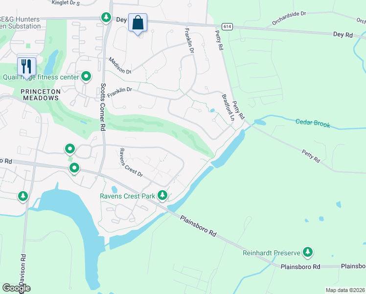 map of restaurants, bars, coffee shops, grocery stores, and more near 2224 Ravens Crest Drive in Princeton Meadows