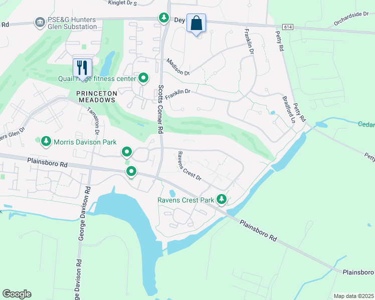 map of restaurants, bars, coffee shops, grocery stores, and more near 3303 Ravens Crest Drive in Plainsboro Township