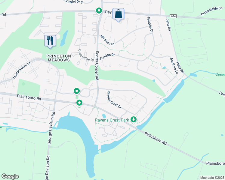 map of restaurants, bars, coffee shops, grocery stores, and more near 3303 Ravens Crest Drive in Plainsboro Township