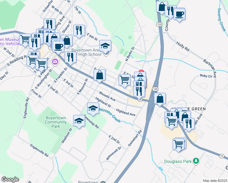 map of restaurants, bars, coffee shops, grocery stores, and more near 704 East 4th Street in Boyertown
