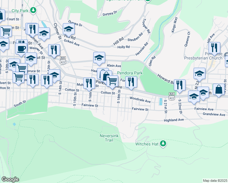 map of restaurants, bars, coffee shops, grocery stores, and more near 1745 Perkiomen Avenue in Reading