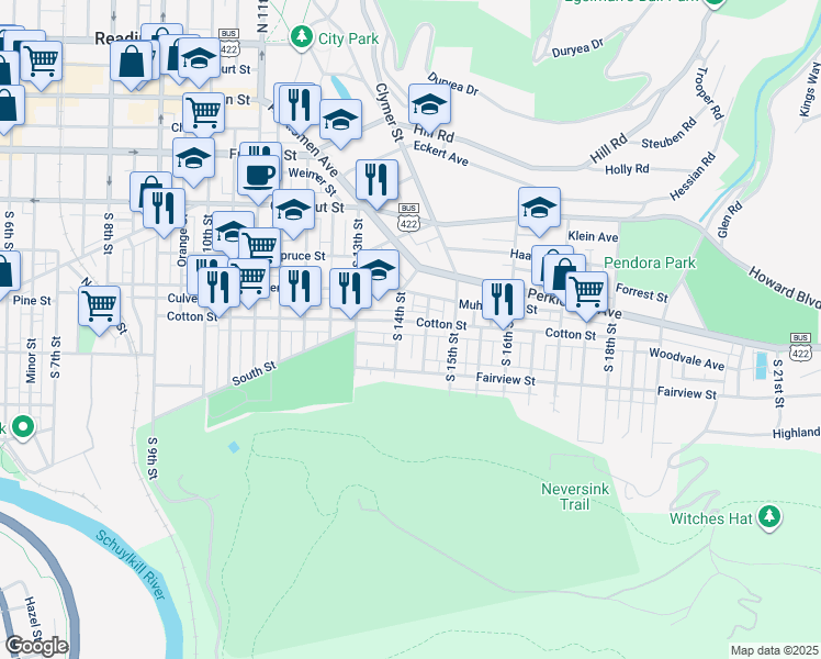 map of restaurants, bars, coffee shops, grocery stores, and more near 1412 Cotton Street in Reading