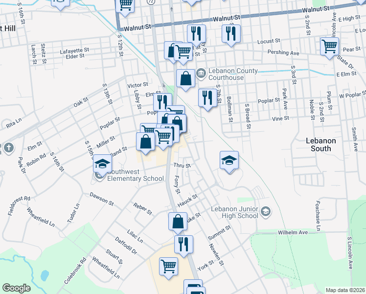 map of restaurants, bars, coffee shops, grocery stores, and more near 720 Pennsylvania 72 in Lebanon
