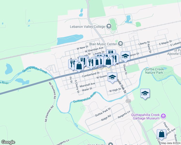 map of restaurants, bars, coffee shops, grocery stores, and more near 219 West Main Street in Annville