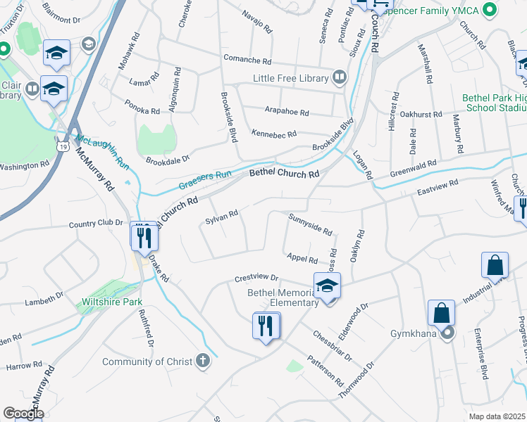 map of restaurants, bars, coffee shops, grocery stores, and more near 3274 Sylvan Road in Bethel Park