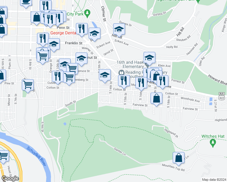 map of restaurants, bars, coffee shops, grocery stores, and more near 1410 Cotton Street in Reading