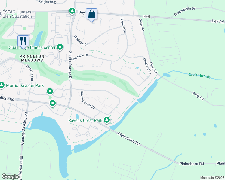 map of restaurants, bars, coffee shops, grocery stores, and more near 2303 Ravens Crest Drive in Princeton Meadows