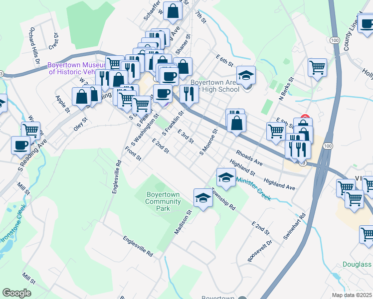 map of restaurants, bars, coffee shops, grocery stores, and more near 340 East 3rd Street in Boyertown