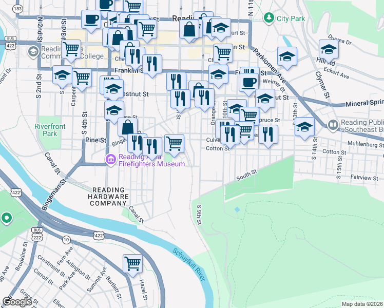 map of restaurants, bars, coffee shops, grocery stores, and more near 431 Spring Garden Street in Reading