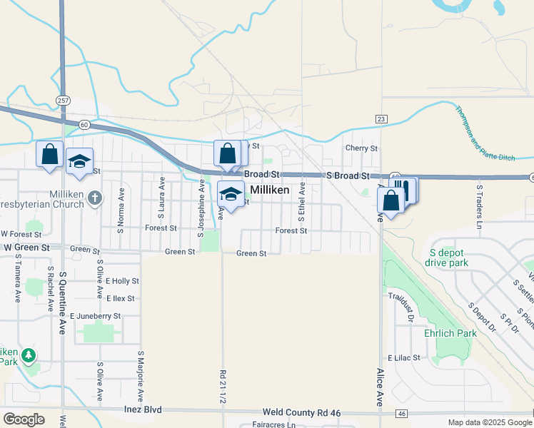 map of restaurants, bars, coffee shops, grocery stores, and more near 1015 Elm Street in Milliken